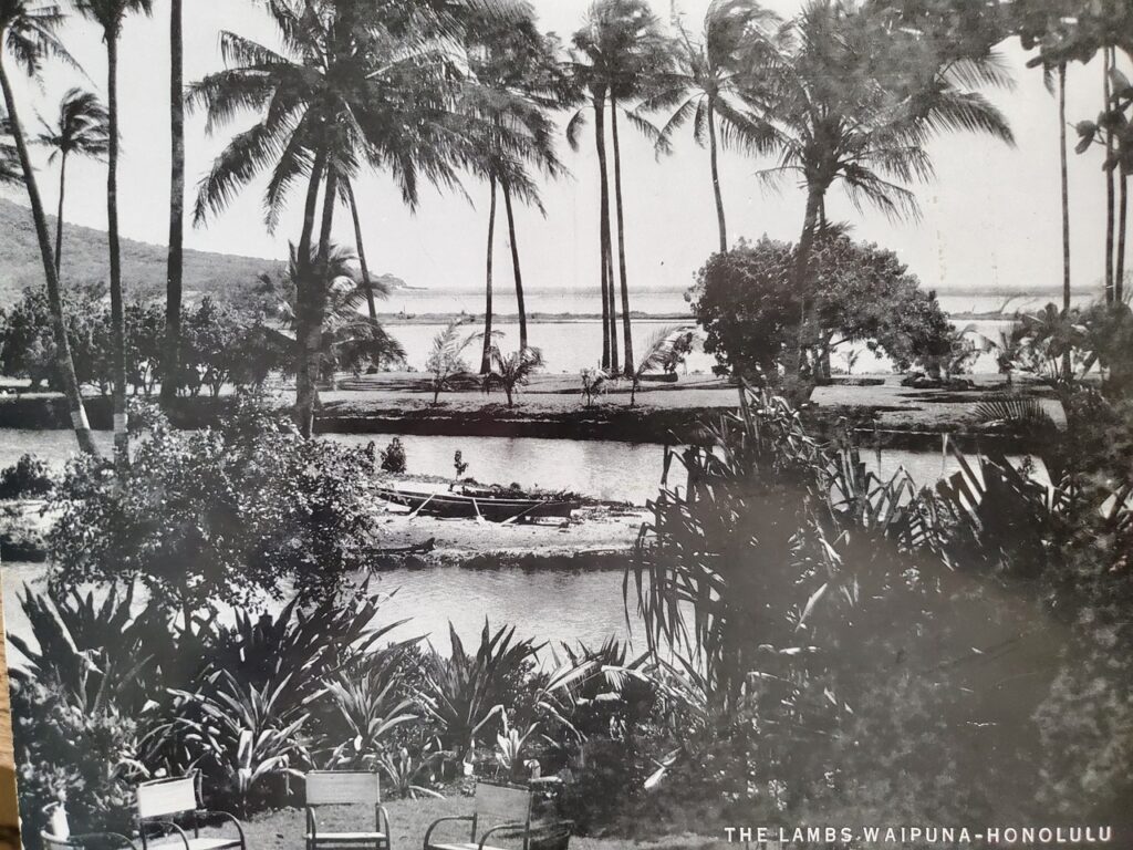 The Lambsʻ home “Waipuna" sat beside an ancient Hawaiian fishpond and a natural fresh water spring. You can see the Walter Lamb chairs in the foreground. (Courtesy: Walter Lamb Family)