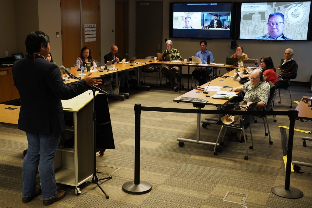 The University of Hawaii Board of Regents listen to oral testimony Thursday, March 21, 2024, in Honolulu. Later in the agenda was electing officers after former Chair Alapaki Nahale-a was not re-confirmed by the state Senate. (Kevin Fujii/Civil Beat/2024)