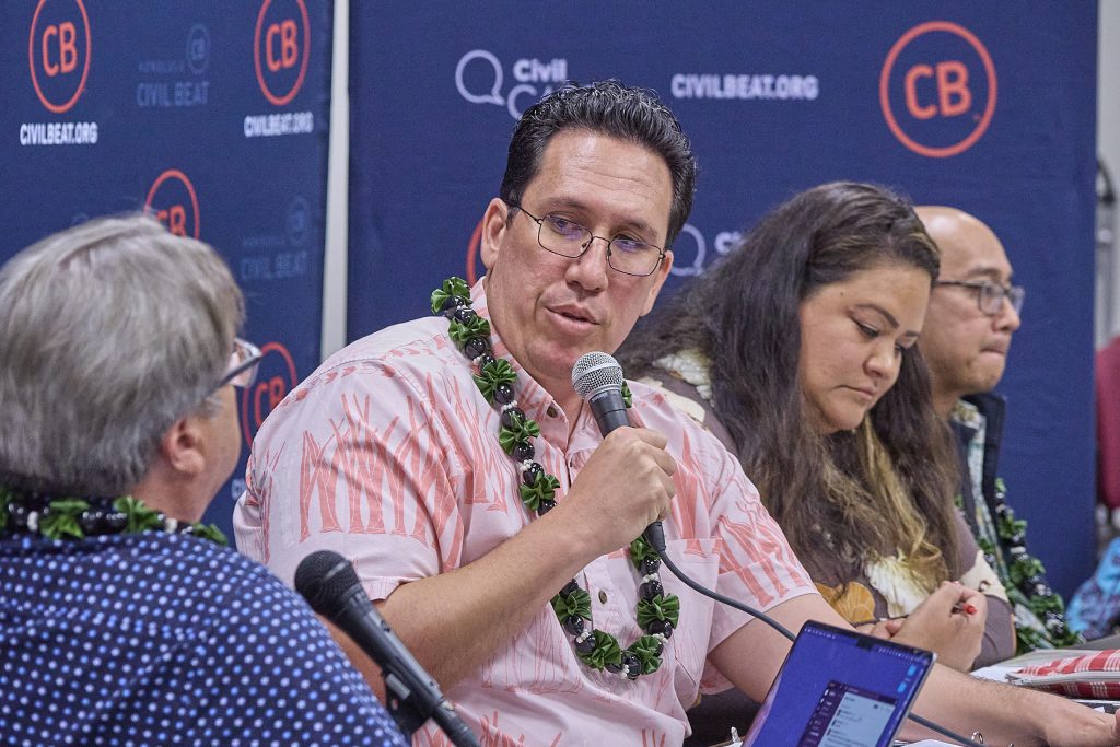 On May 7th, 2024, Honolulu Civil Beat conducted the Civil Beat Café moderated by Political Editor Chad Blair to close out the legislative season. Guests included Senator Jarrett Keohokalole, Rep. Kirstin Kahaloa, Rep.Vice Speaker Greggor Ilagan and Rep Gene Ward (David Croxford/Civil Beat/2024)