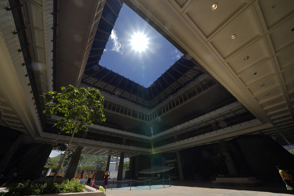 The sun beams into the Hawaii State Capitol rotunda on the summer solstice, Thursday, June 20, 2024, in Honolulu. It is the longest day of sunlight for the year. The sun reaches its highest point in the sky at 10:50 a.m. HST. (Kevin Fujii/Civil Beat/2024)