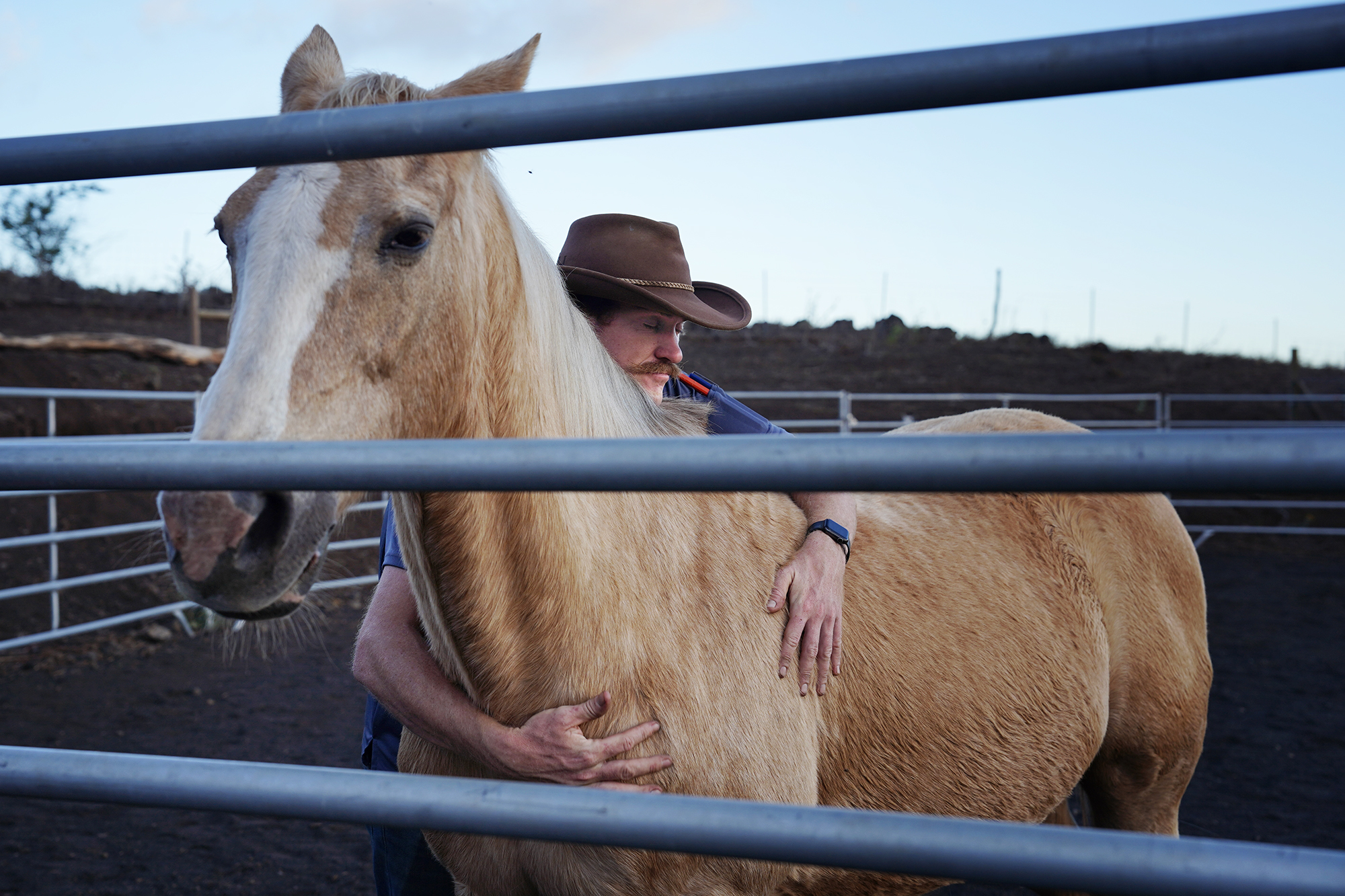 Garrett Higgins gives Sugar a big hug as his equine-therapy session wraps up at Spirit Horse Ranch Friday, Nov. 8, 2024, in Kula. (Kevin Fujii/Civil Beat/2024)