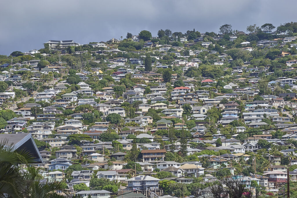 There are a number of neighborhoods that overlook Kaimuki from the north, all of them exist in tightly spaced areas.  Photographed 12.9.24.(David Croxford/Civil Beat/2024)