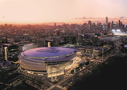 new arena lit up at night