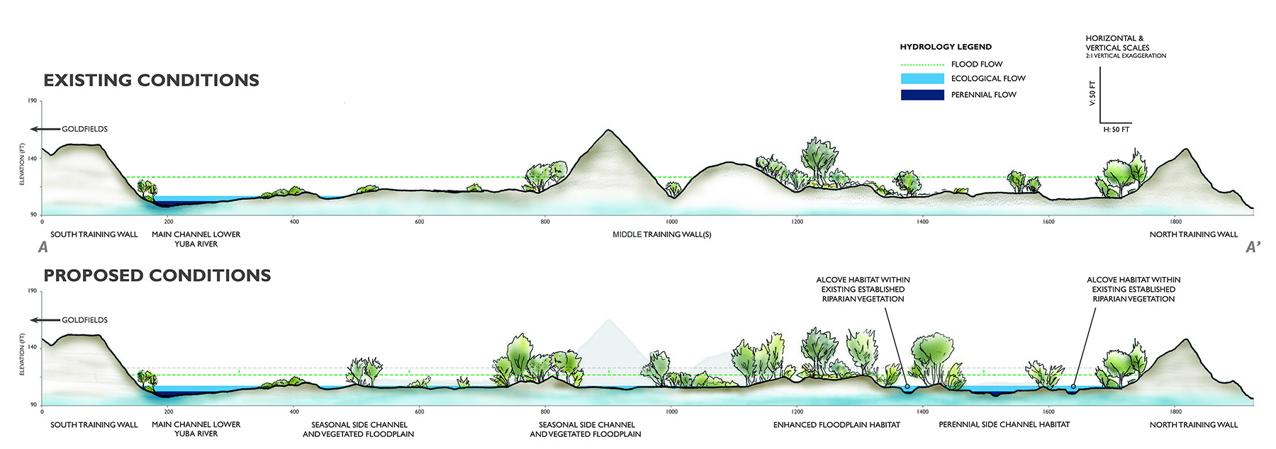 image shows the cross section of before and after conditions for a training wall