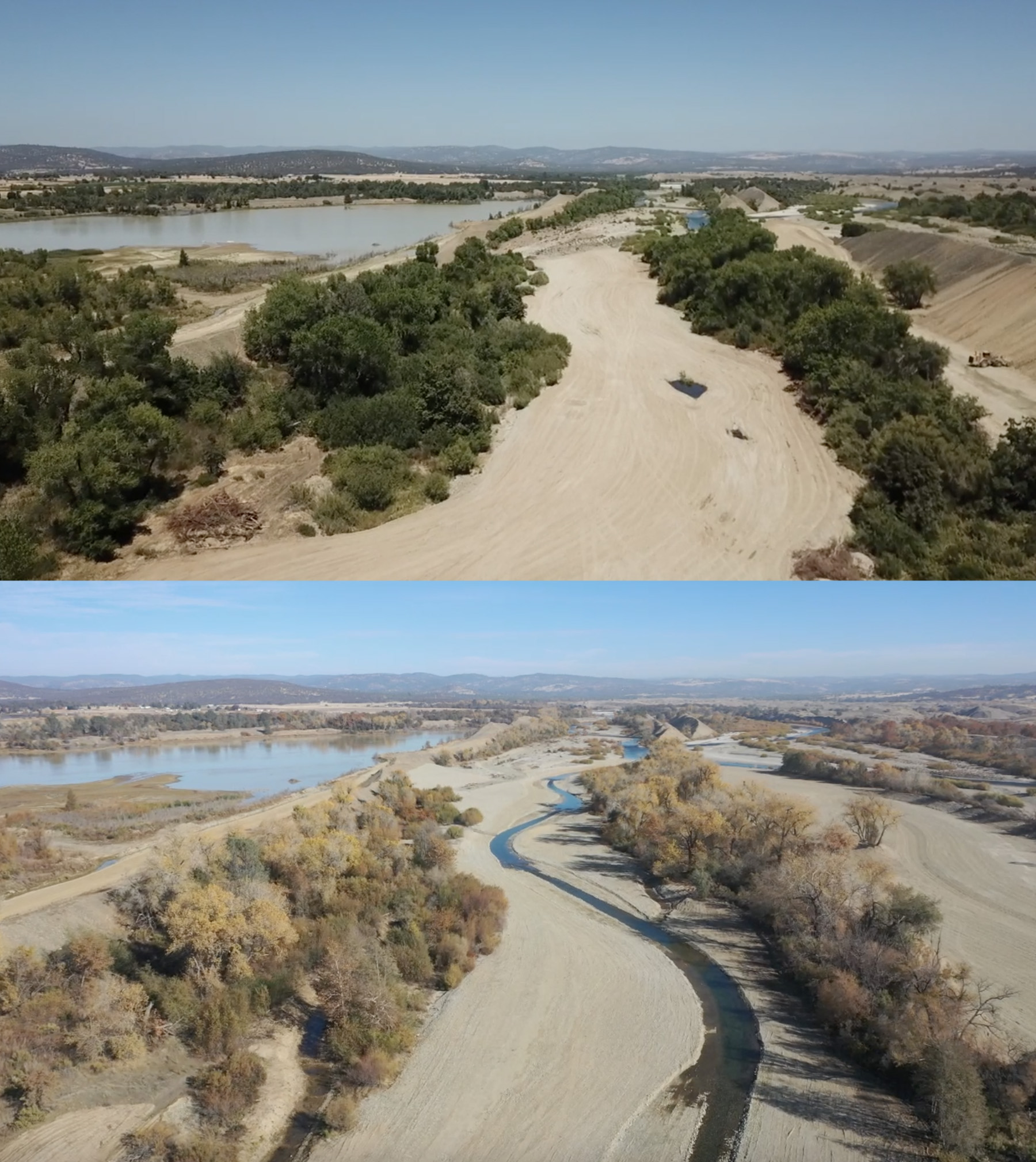 top photograph shows land punctuated by a small lake and trees. the bottom photograph shows land punctuated by meandering waterways and trees