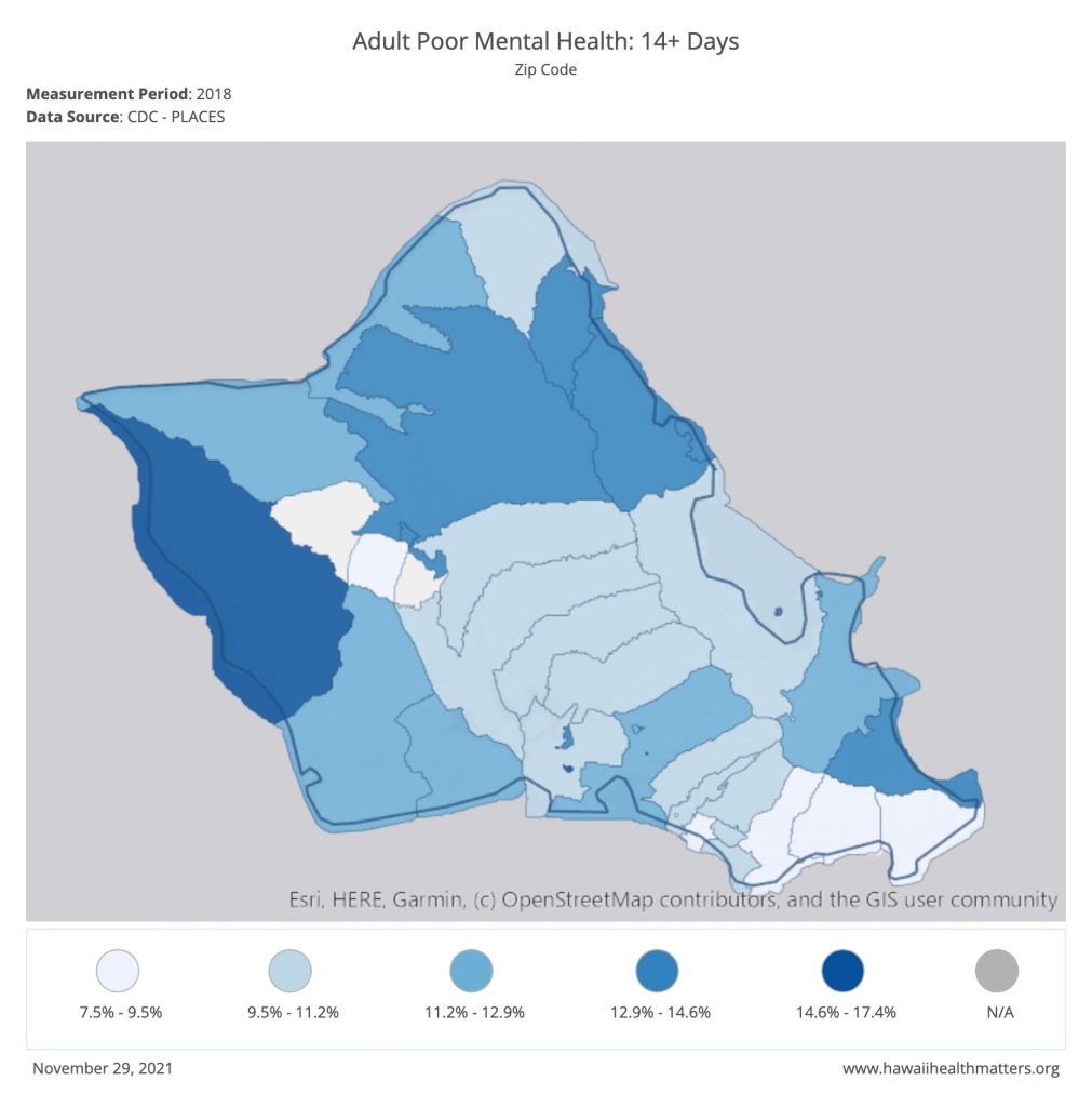 Westside Hawaii Health Matters Adult Poor Mental Health 14+ Days Stats Map