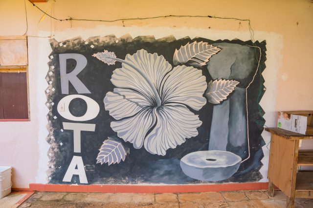 A mural celebrating Rota decorates the interior courtyard of the Rota and Tinian guesthouse in As Lito, Saipan. Many patients must live here in order to get dialysis. This photo was taken in August 2022.