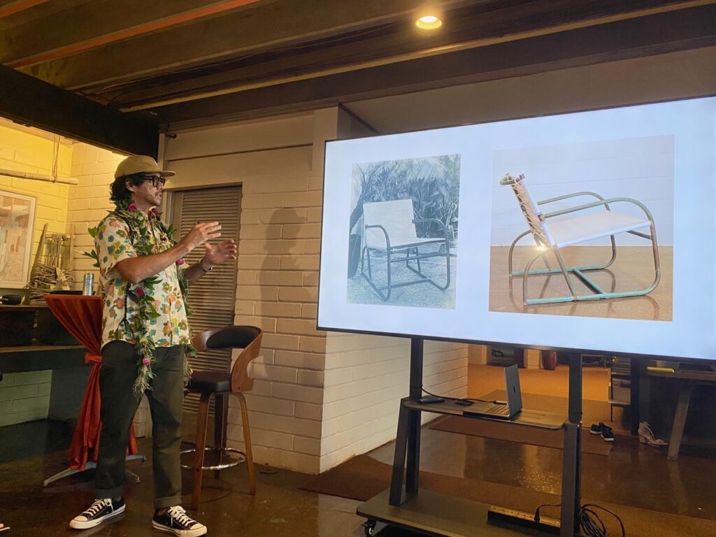 John Reyno gives a talk at the Walter Lamb exhibition and retrospective at Liljestrand House on Tantalus Drive in Honolulu on Aug. 29, 2024. (Denby Fawcett/Civil Beat/2024)