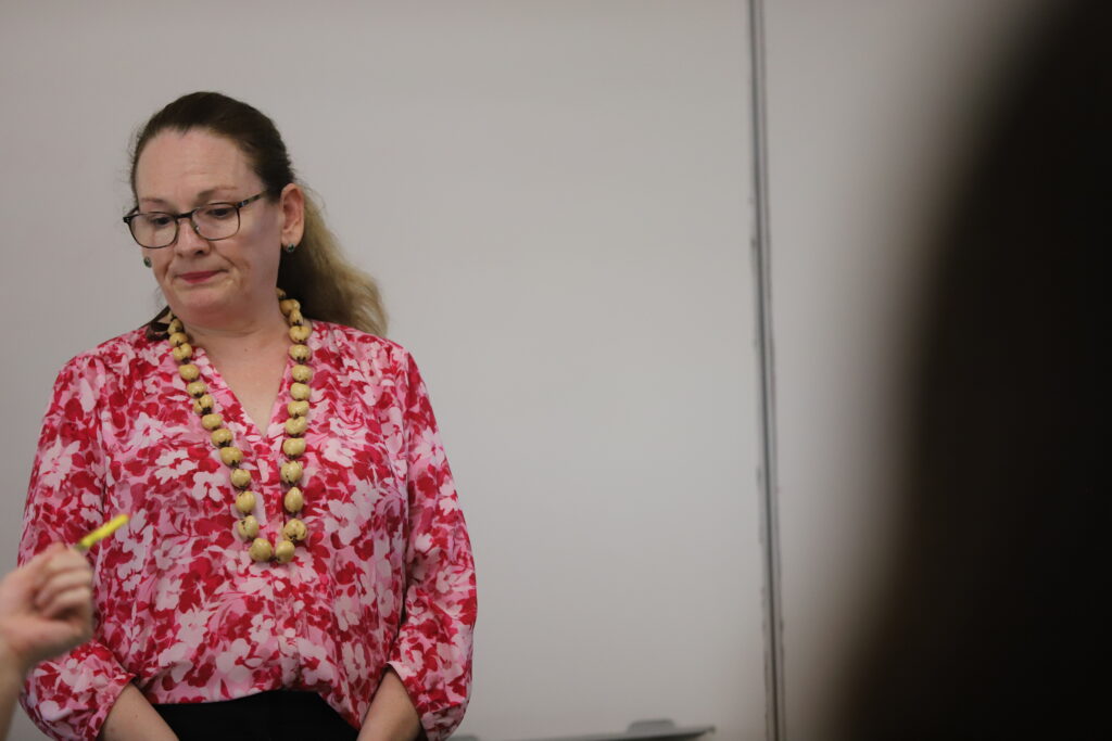 Agribusiness Development Corp. executive director Wendy Gady delivered a speech about her progress in her position since taking on the job about a year ago. She took questions from farmers at the Hawaii Farmers Union annual convention on Saturday, Oct. 5, 2023. (Thomas Heaton/Civil Beat/2024)