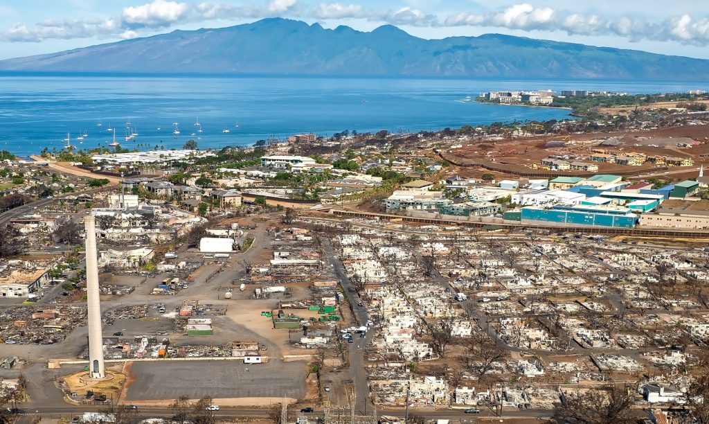 Mela and Kopili streets, running perpendicular to Lahanaluna Road, bottom, and the Pioneer Mill. (Nathan Eagle/Civil Beat/2023)