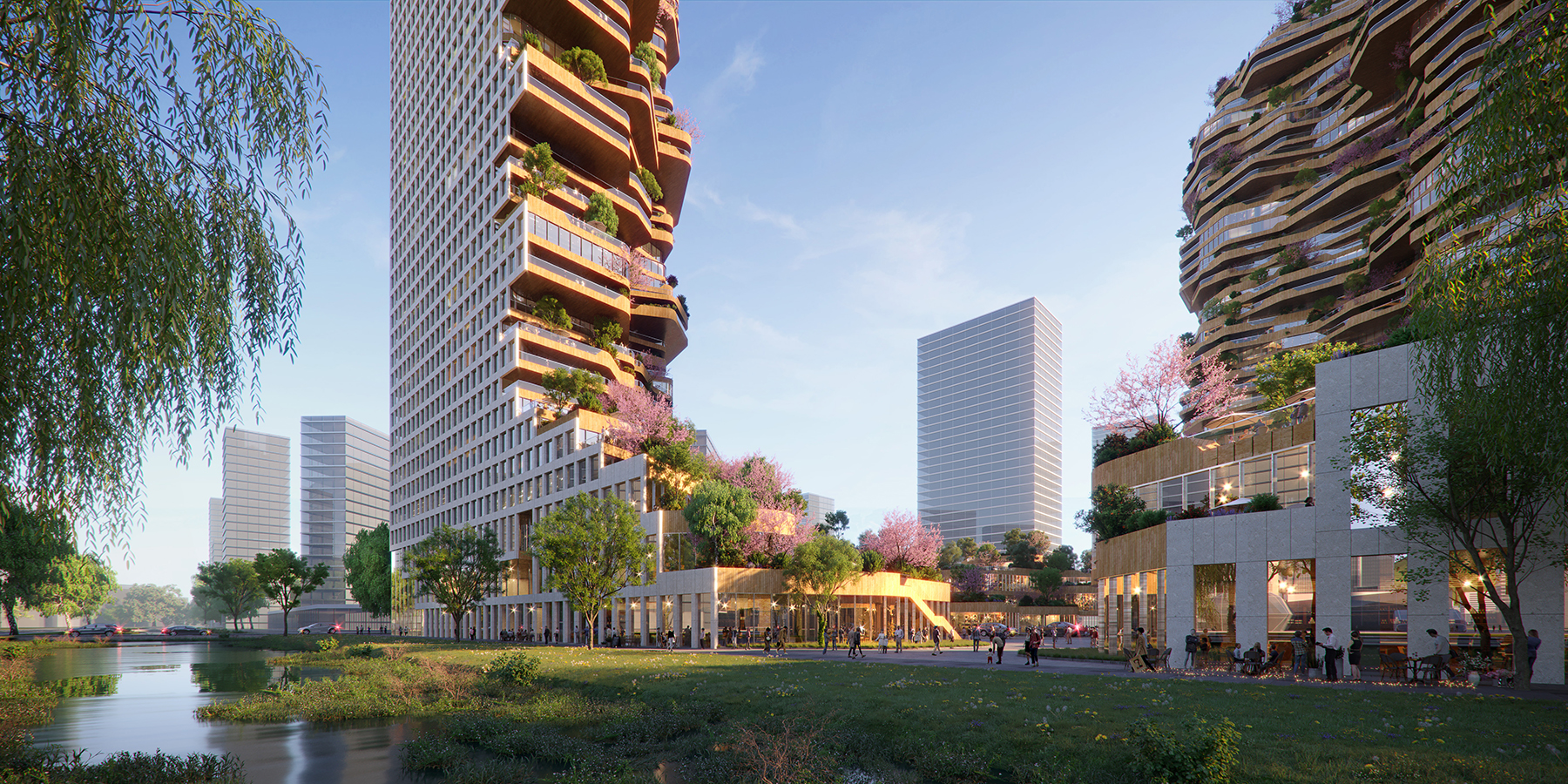 SIDE SHOT OF TOWER WITH BALCONIES AND RIVERFRONT 