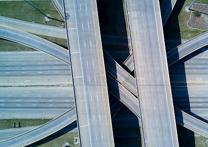 looking down at highway over and underpasses as they criss cross