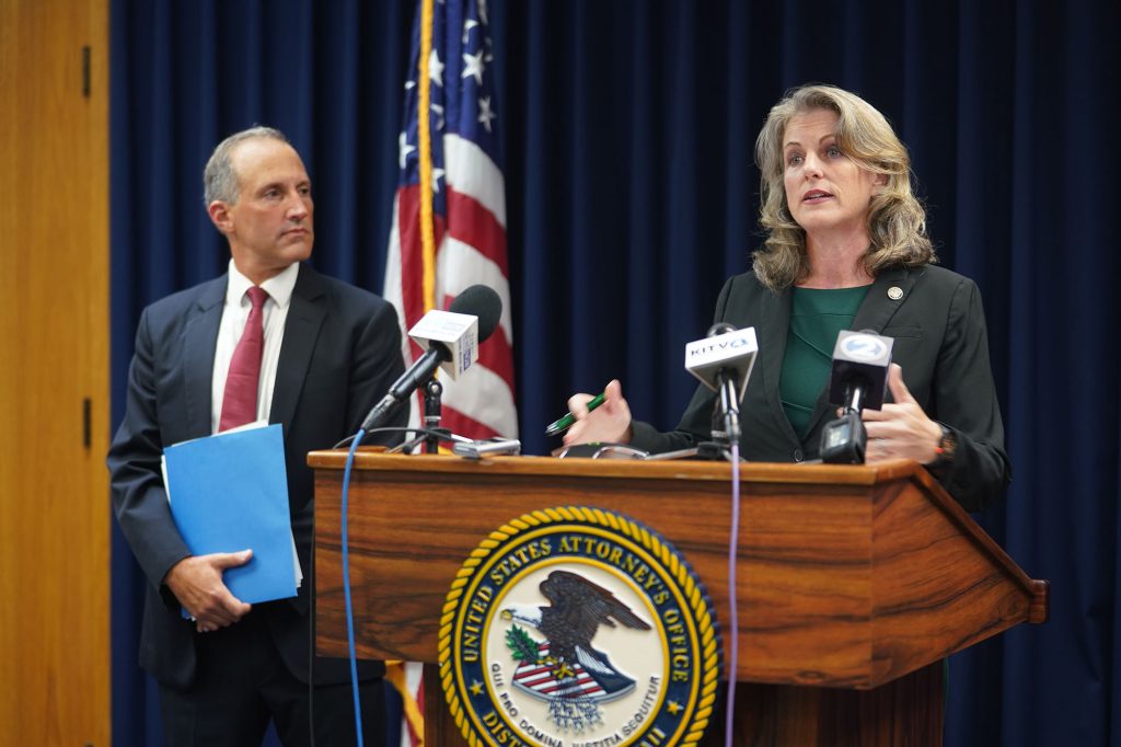 US Attorney Clare E. Connors and left, FBI Special Agent in Charge Steven Merrill duriing a press conference announcing charges against Stewart Olani Stant and Milton Choy.