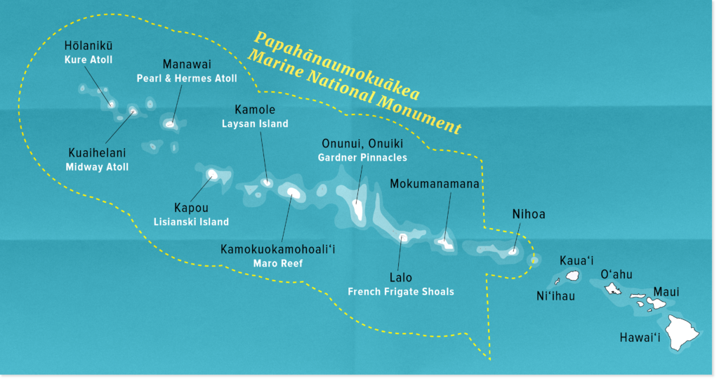 Map showing the boundary of the Papahanaumokuakea Marine National Monument in the Northwestern Hawaiian Islands. (April Estrellon/Civil Beat/2024)