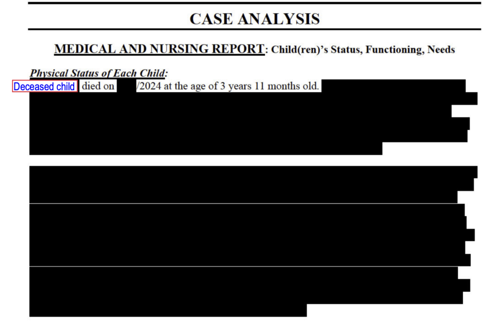 A report from something called a multidisciplinary team is almost entirely redacted.