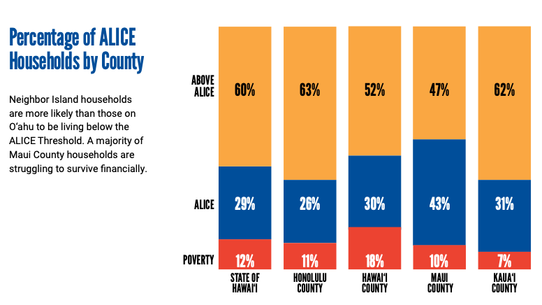 A graphic from the Aloha United Way 2024 ALICE report shows how many people are suffering financial insecurity around the state